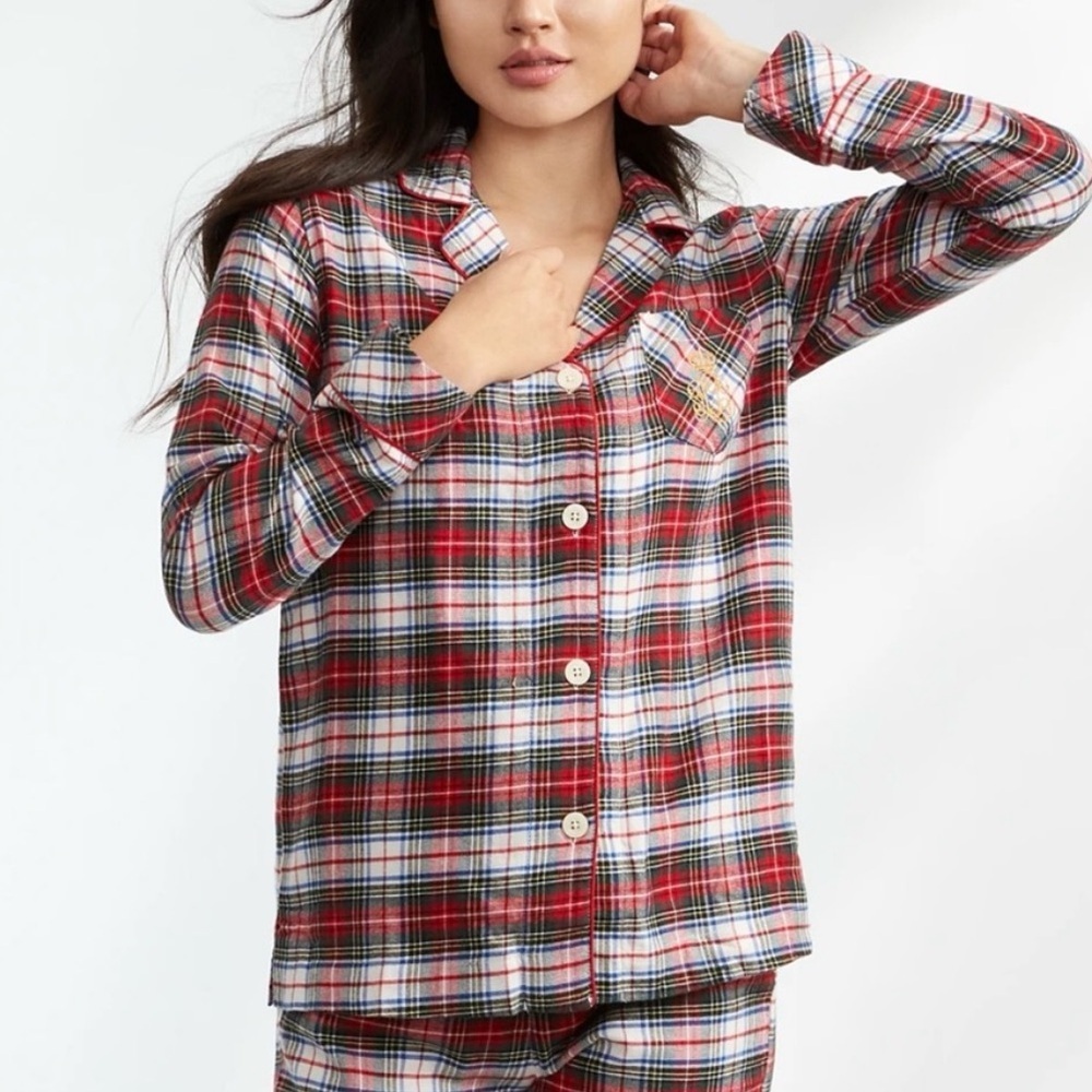 Lauren Ralph Lauren Women’s Plaid Long Sleeve Pajama Top Embroidered Size Medium